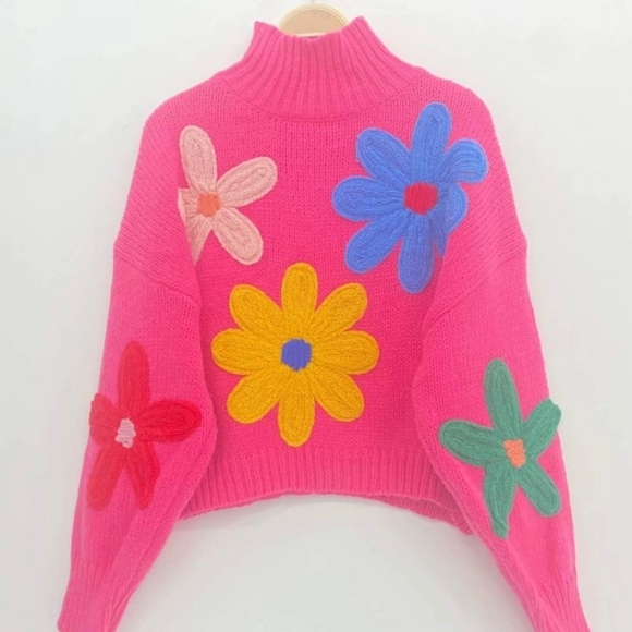 Llizabelle Womens Pink Crochet Floral Sweater Size S/M - Picture 1 of 8